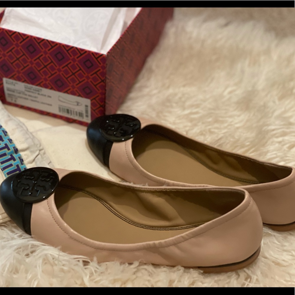Tory Burch Blush Pink and Black Reva Cap-Toe Ballet Flats Chanel style
